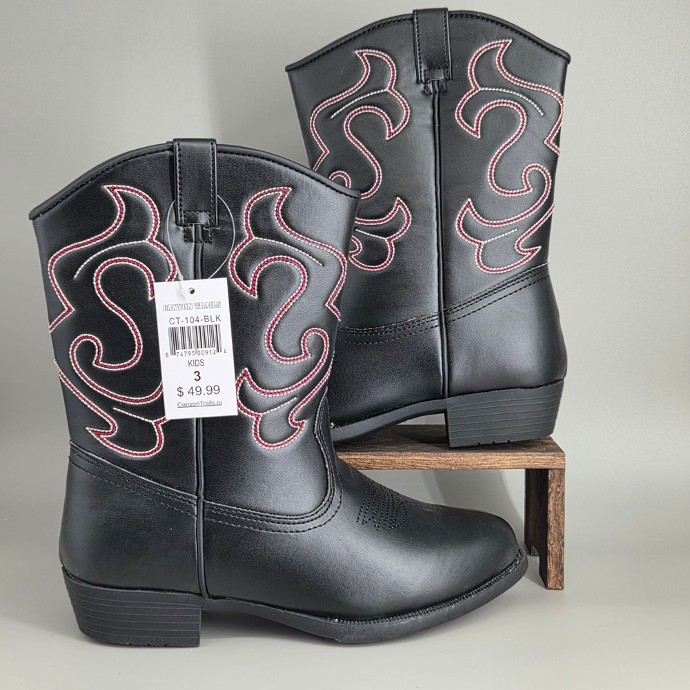 Canyon Trails Cowboy Boots Kids Size 3 Black‎ Red Stitching Western Rodeo NIB